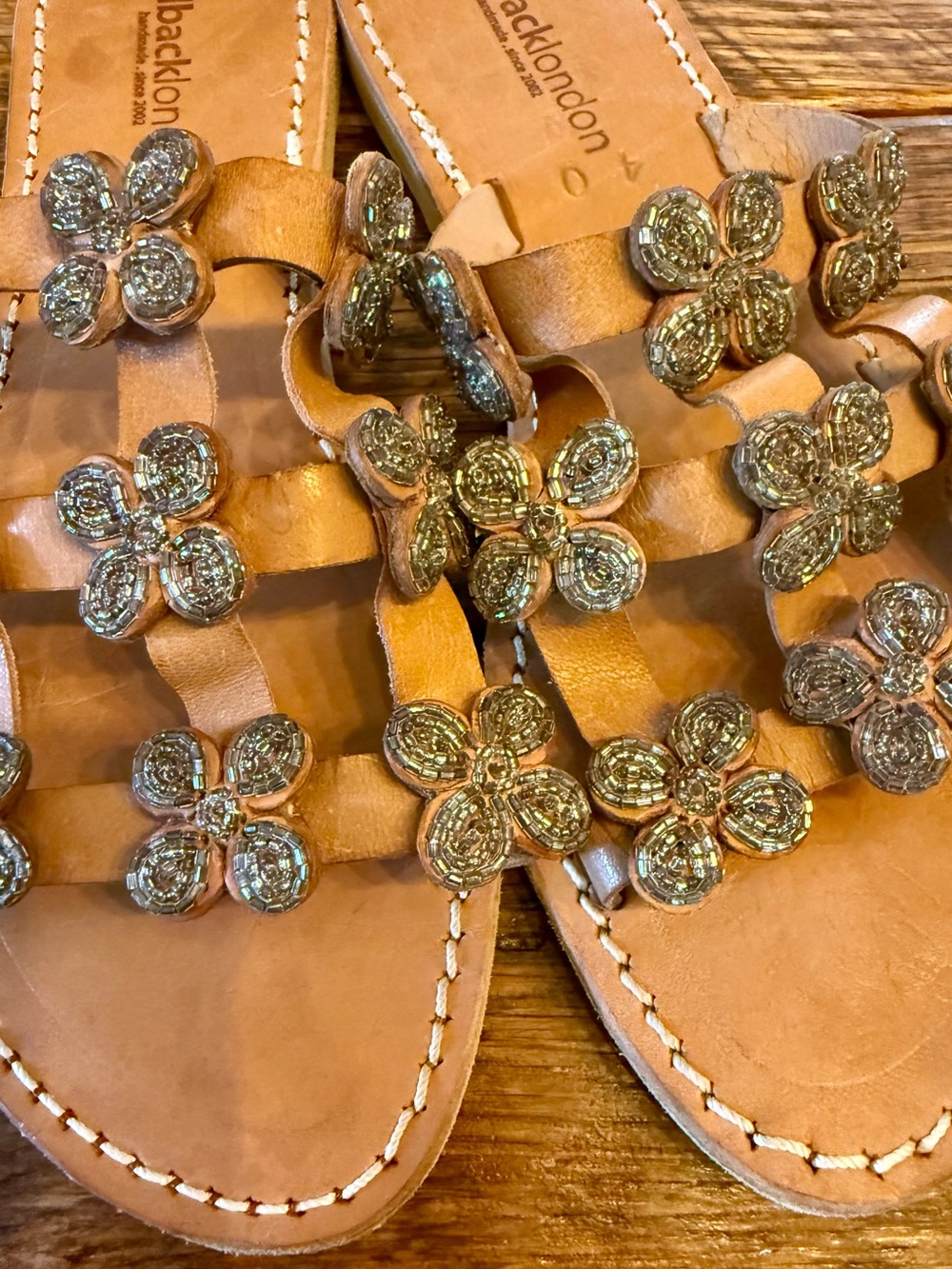 Anthropologie Tan Leather Floral-Beaded Slide Sandals - Picture 2 of 8
